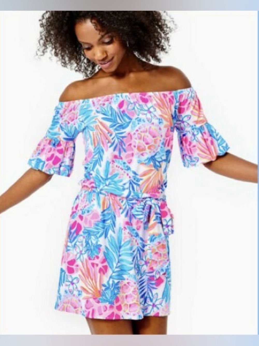 NWT Lilly Pulitzer Samia Off Shoulder Romper  Resort White Rainforest Retreat